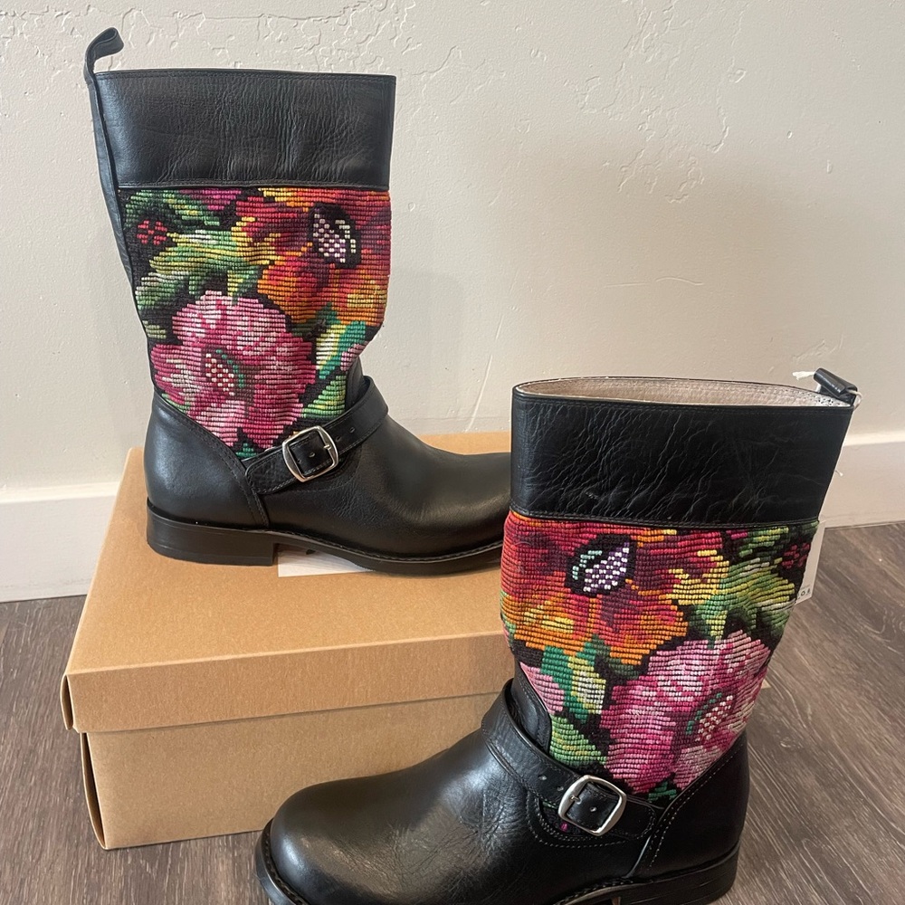 Lumily Fair Trade Black Leather Floral Textile Boots - 39 (8.5 - 9)